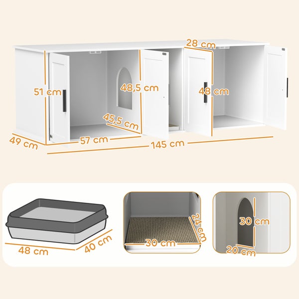 Weißer Katzenklo-Schrank mit drei Fächern, Gesamtmaße 145 mal 49 mal 51 Zentimeter, mit Details zu Innenmaßen, Kratzbrett und Einstiegsöffnung.