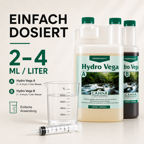 Zwei Flaschen Canna Hydro Vega A und B Pflanzennährstoff mit Messbecher und Spritze zur Dosierung von 2 bis 4 Milliliter pro Liter Wasser