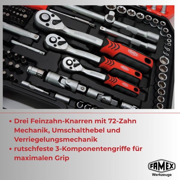 Famex Steckschlüsselsatz mit drei Feinzahn-Knarren aus Chrom-Vanadium-Stahl, 72-Zahn-Mechanik und rutschfesten Griffen. Famex Logo.