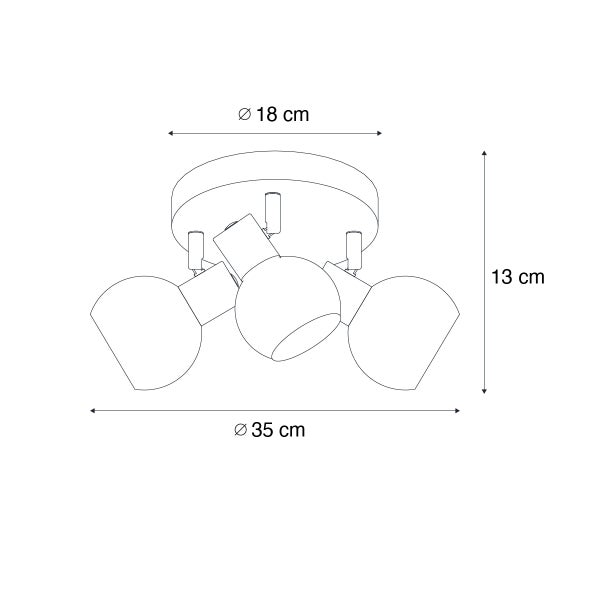 Technische Zeichnung einer Deckenleuchte mit drei Leuchtenarmen und den Maßen: Durchmesser der Deckenbefestigung 18 cm, Durchmesser der Leuchte 35 cm, Höhe 13 cm
