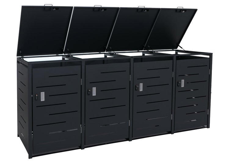 Mülltonnenbox für 4 Tonnen aus Metall in Anthrazit mit aufklappbaren Deckeln und Belüftungsschlitzen.