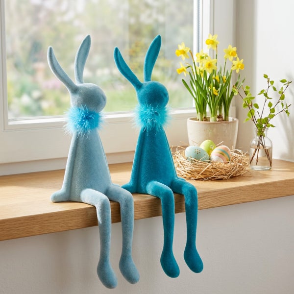 Zwei Osterhasen aus beflocktem Material mit Federkragen als Tischdekoration auf einer Fensterbank neben Osterglocken und bemalten Eiern