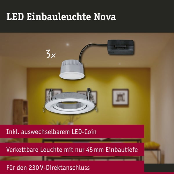 Verkettbare LED Einbauleuchte Nova 3er Set, auswechselbarer LED Coin, Montagerahmen, 45 Millimeter Einbautiefe, 230 Volt Anschluss.