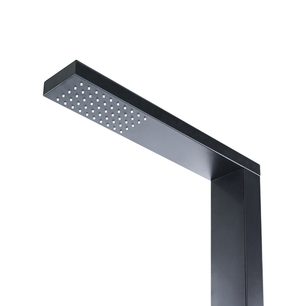 Moderner, rechteckiger Duschkopf in Schwarz mit flachem Design und quadratischer Anordnung der Düsen.