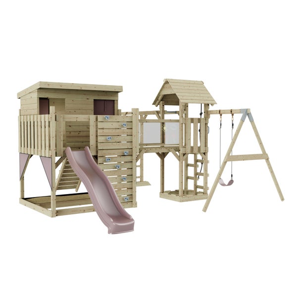 Spielplatzanlage aus Holz mit Rutsche, Schaukel und Kletterwand