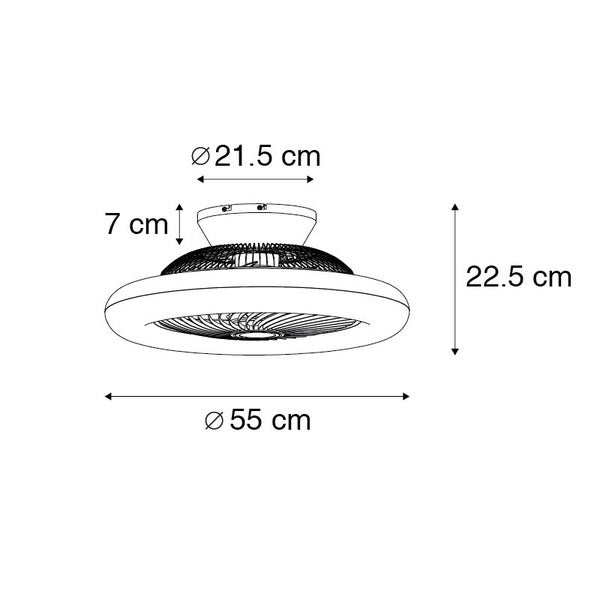 Maßskizze Deckenventilator mit Licht: Durchmesser 55 Zentimeter, Gesamthöhe 22,5 Zentimeter, Sockel 21,5 mal 7 Zentimeter.