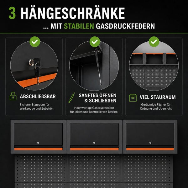 Drei Hängeschränke mit Gasdruckfedern, abschließbaren Türen und viel Stauraum über einer Lochwand.