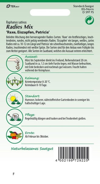 Radieschen-Mix Saatgutpackung mit den Sorten Raxe, Eiszapfen und Patricia
