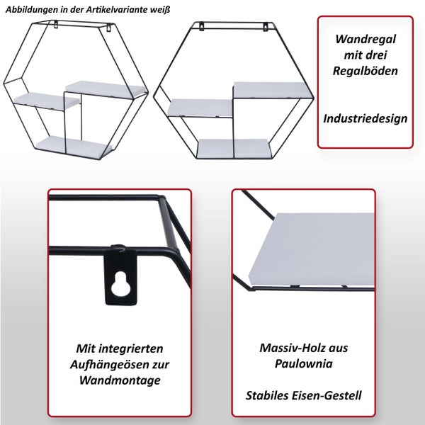 Wandregal mit drei Regalböden im Industriedesign, gefertigt aus Paulownia Massivholz und Eisen