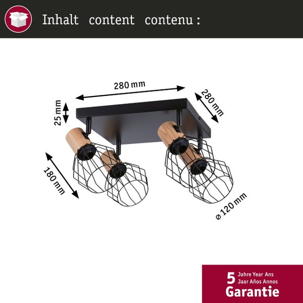 Deckenstrahler mit drei verstellbaren Drahtkörben und Holzelementen. Basis 280 mal 280 Millimeter, Spotlänge 180 Millimeter. 5 Jahre Garantie.