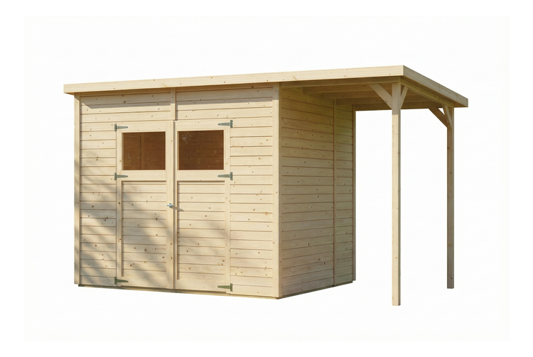Gartenhaus aus hellem Holz mit Flachdach, Doppeltür mit Fenstern und seitlichem Anbau-Schleppdach.