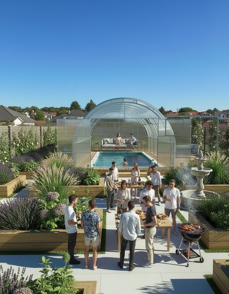 Szene mit einem Poolhaus, Garten und einer Gruppe von Menschen, die eine Gartenparty veranstalten.