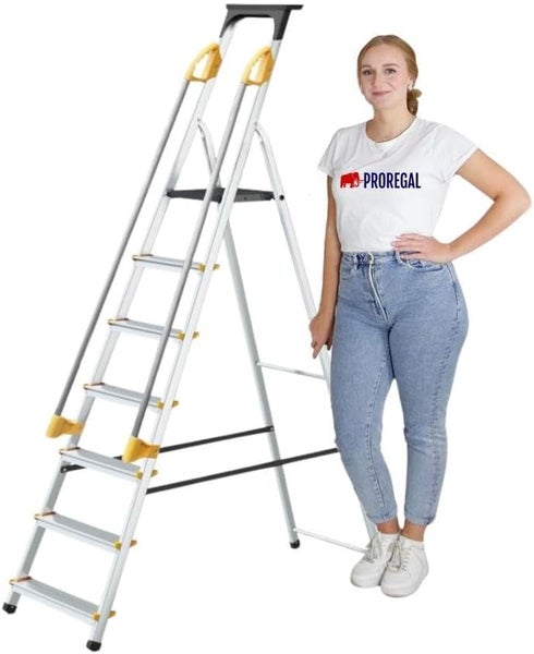 PROREGAL Stufenstehleiter ATLAS mit Werkzeugablage & Handlauf Einseitig Begehbar 7 Stufen Arbeitshöhe 3,40 m Traglast 150 kg