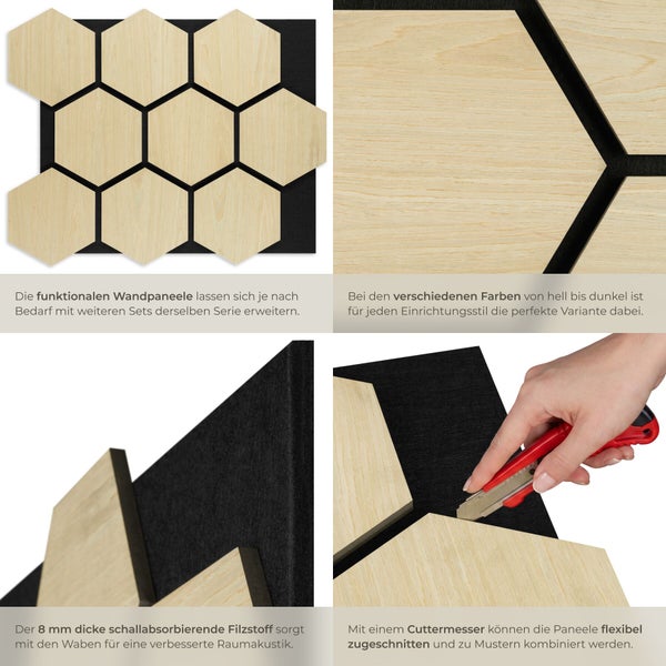 Funktionale Wandpaneele im Sechseck-Design mit 8 Millimeter dickem schallabsorbierendem Filz und Holzoptik-Oberfläche, zuschneidbar.