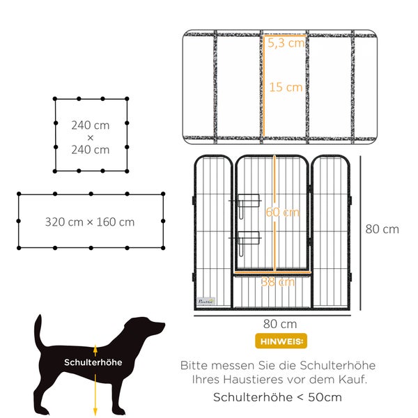 PawHut Welpenauslauf 80 cm Hoch, 12-TLG Welpenlaufstall mit 2 Tür, DIY Hundelaufstall Freilaufgehege für mittelgroße Hunde, Kaninchen, Meerschweinchen, Stahl, Grau