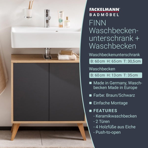 FACKELMANN FINN Badmöbel Set 3 Teile / Waschbecken / Waschbeckenunterschrank / 4 Holzfüße / Badschrank mit Push-to-Open / Korpus & Front: Schwarz / Rahmendekor & Füße: Braun hell / Breite: 60 cm