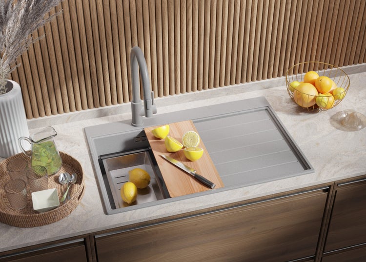 PRIMAGRAN Spülbecken Grau 78x50cm, Granitspüle 1 Becken + Ablauf-Set + Küchenzubehörset, Küchenspüle ab 45er Unterschrank - Sydney