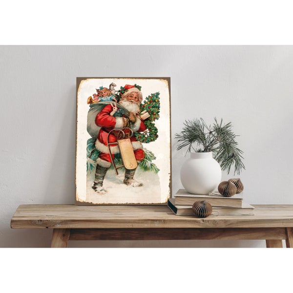 Blechschild, Alu-Dibond, Retro Wandbild Weihnachten Weihnachtsmann mit Schlitten STA2483 in 20x30cm inkl. Lochbohrung
