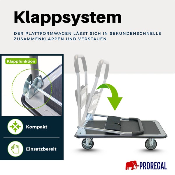 Klappbarer Plattformwagen mit Klappfunktion für platzsparende Aufbewahrung. Kompakt und einsatzbereit. ProRegal Logo.