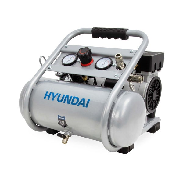 Hyundai Druckluftkompressor mit liegendem Tank, zwei Manometern und Tragegriff.
