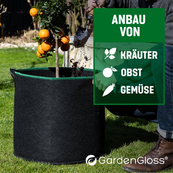GardenGloss Pflanzsack (3 Stück) - 60L Pflanztasche aus Vliesstoff - Pflanzentasche für Kartoffeln, Tomaten und Erdbeeren - Farbe Schwarz - Verwendung im Innen- und Außenbereich