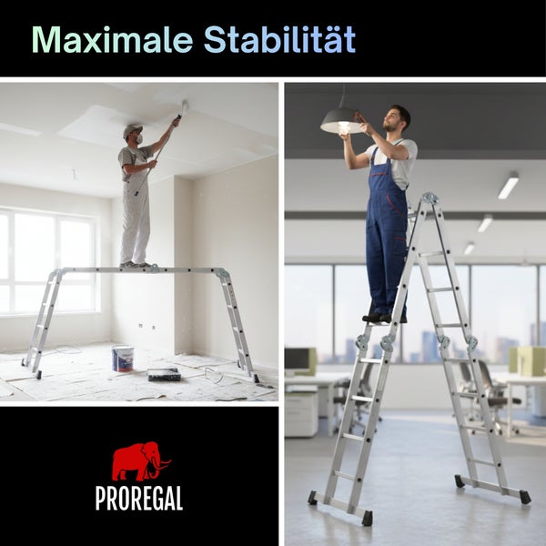 Proregal Logo. Mehrzweckleiter aus Aluminium genutzt als Arbeitsplattform beim Deckenstreichen und als Stehleiter beim Lampenwechseln.
