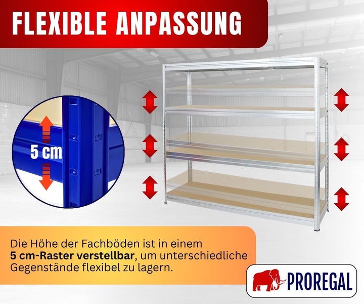 Lagerregal aus Metall mit im 5 Zentimeter Raster höhenverstellbaren Fachböden. Proregal Logo.