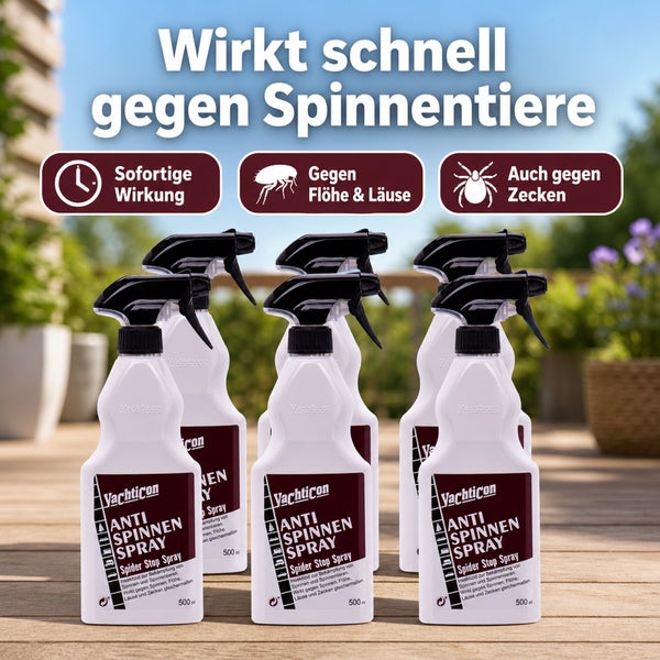 Sechs Flaschen Yachticon Anti Spinnen Spray als Insektizid gegen Spinnen, Flöhe, Läuse und Zecken mit Sofortwirkung.