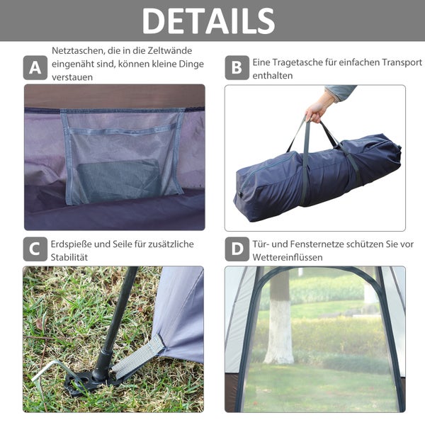 Outsunny Campingzelt, für 3-4 Personen, 260 x 260 x 195 cm, Stahl,Glasfaser, Grau+Schwarz