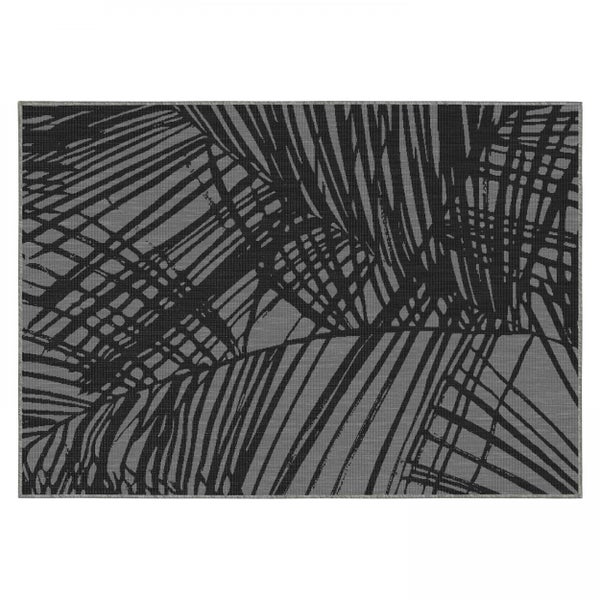 Innen- und Außenteppich mit Palmenblatt-Muster, Flachgewebe, Grau und Schwarz.