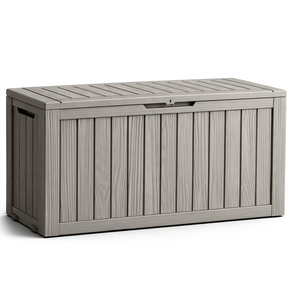 Gartenbox aus Kunststoff in Holzoptik mit Deckel und seitlichen Griffmulden.