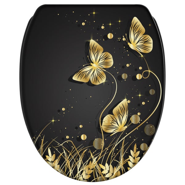 Toilettensitz mit Schmetterling Motiv in goldener Optik auf dunklem Hintergrund