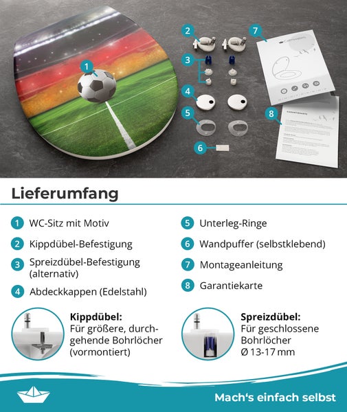 Explosionszeichnung der Lieferumfanges eines WC Sitzes mit Fussball Motiv inklusive Montagematerial und Anleitung.