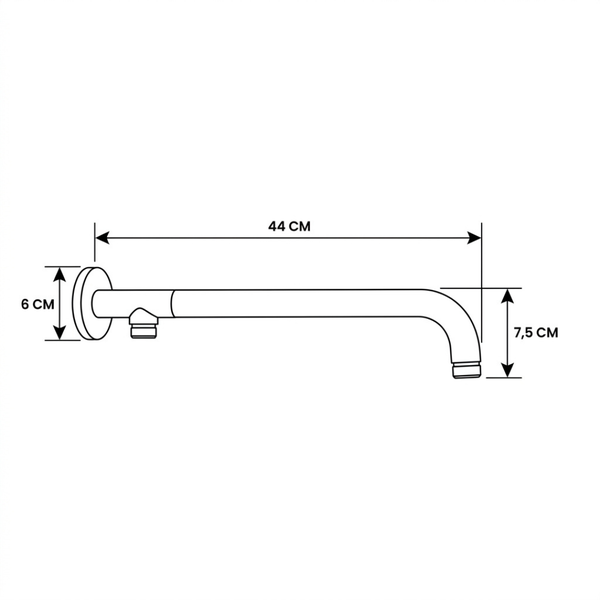Technische Zeichnung eines Wand Duscharms mit Maßangaben von 44 Zentimetern Länge und 6 Zentimetern Rosettendurchmesser.