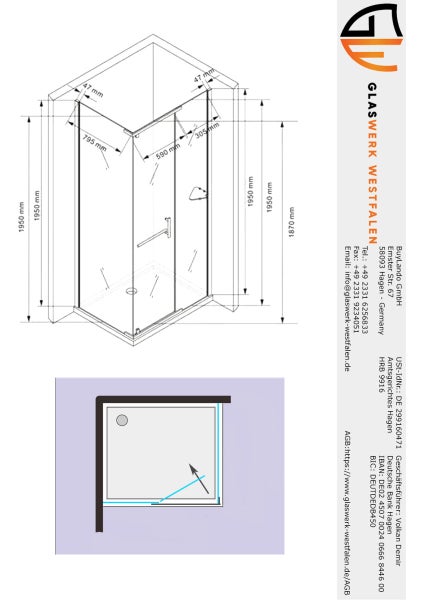 Technische Zeichnung einer Duschkabine mit Maßangaben