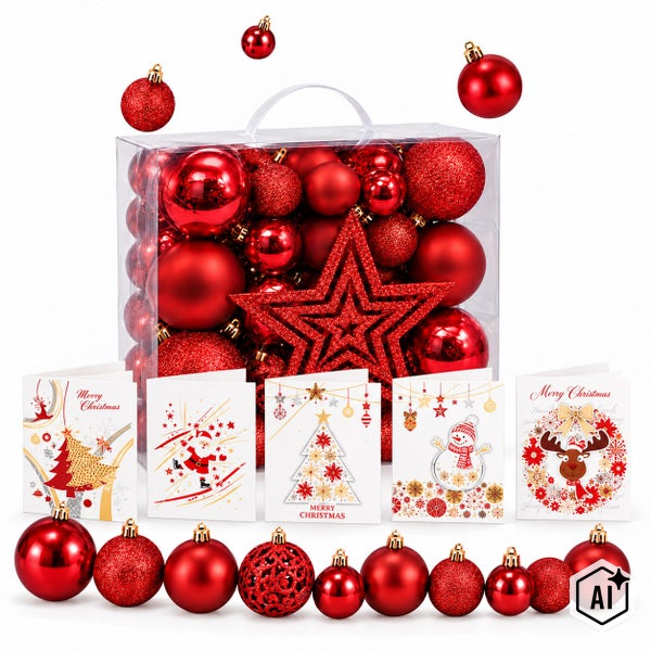 Weihnachtsbaumschmuck Set mit Weihnachtskugeln in verschiedenen Oberflächen, Sternspitze und Grußkarten