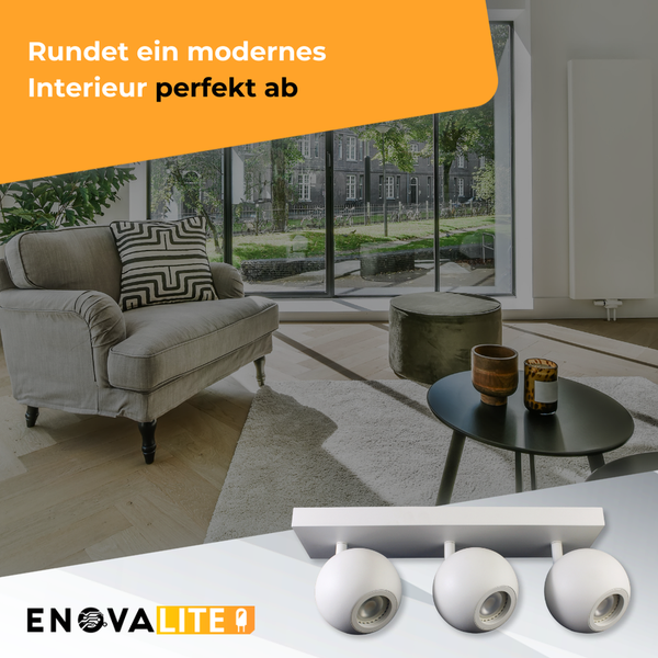 Moderne Wohnzimmergestaltung mit Sessel, Tisch und Enolalite Deckenleuchte