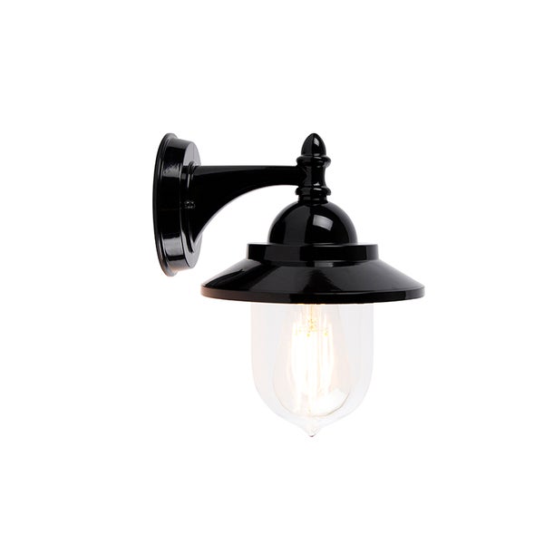 Klassische Außenwandleuchte in Schwarz mit klarem Glasschirm und sichtbarem Leuchtmittel.