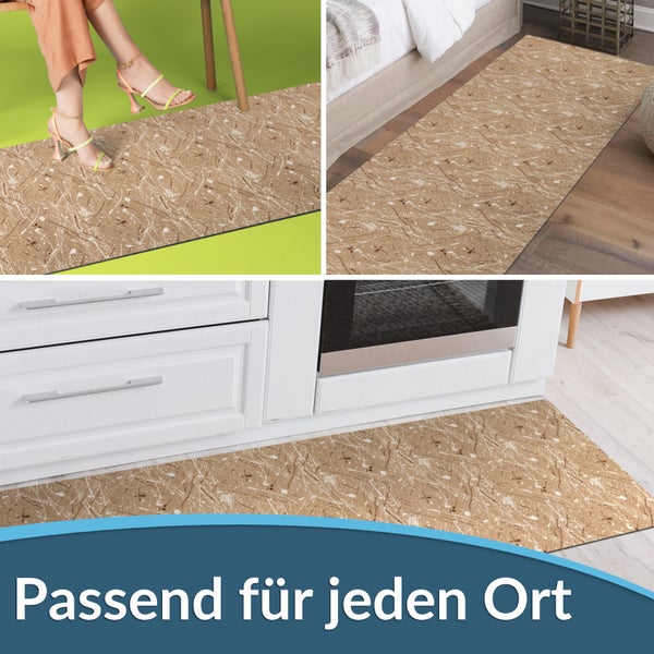 Verschiedene Ansichten einer gemusterten Fußmatte in Wohnbereichen.