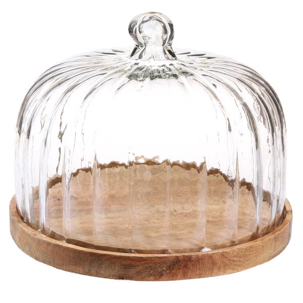 Glasglocke mit Holztablett