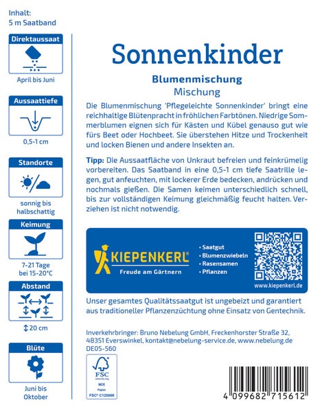 Saatband Sonnenkinder Blumenmischung 5 Meter von Kiepenkerl mit Aussaat- und Pflegehinweisen für Beete und Kübel.