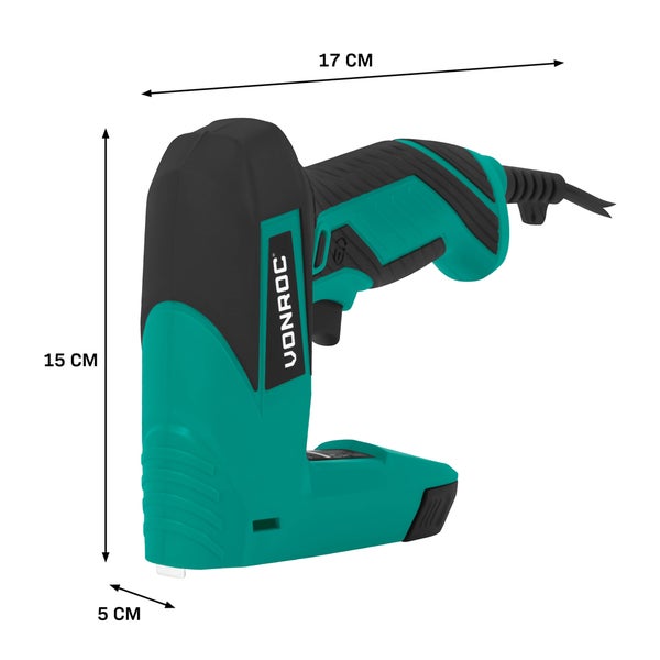 Vonroc Elektro-Tacker mit den Maßen 17 cm Breite, 15 cm Höhe und 5 cm Tiefe.