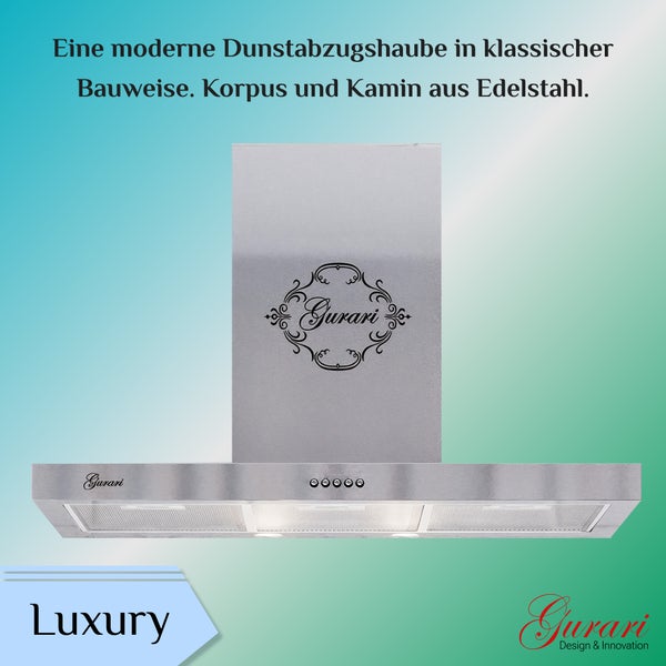 Moderne Dunstabzugshaube von Gurari in klassischer Bauweise mit Korpus und Kamin aus Edelstahl.