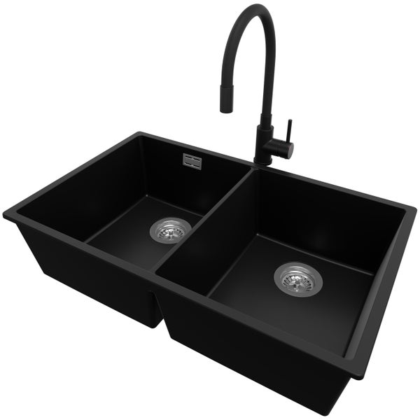 PRIMAGRAN Unterbauspüle Granit Schwarz 76x47cm, Spülbecken 2 Becken + Küchenarmatur 40x38cm + Ablauf-Set, Granitspüle ab 80er Unterschrank - London Twin