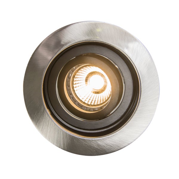 Runder LED-Einbaustrahler aus gebürstetem Metall mit schwarzem Innenring und warmweißem Licht.