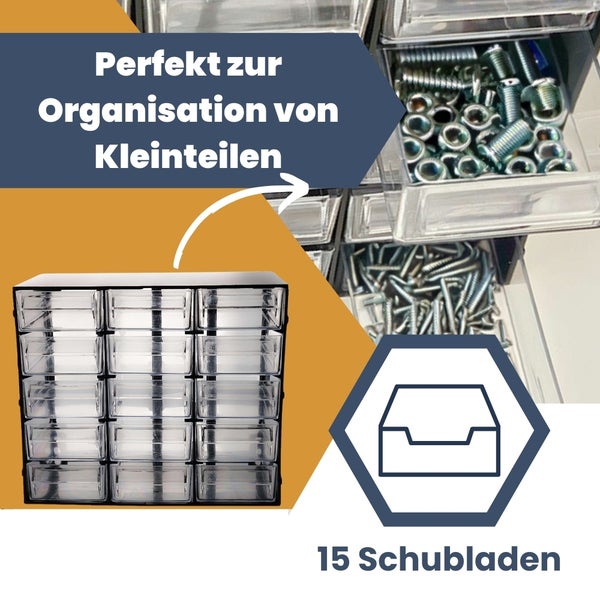 Schubladenbox mit 15 transparenten Schubladen zur Aufbewahrung von Kleinteilen