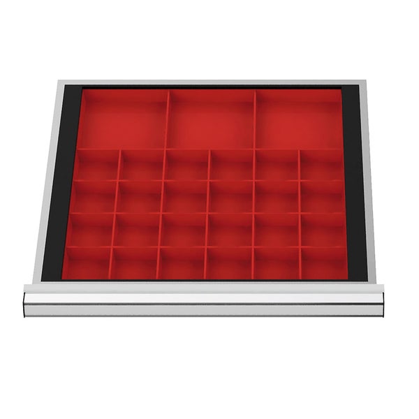 Roter Schubladeneinsatz mit 27 Fächern für Kleinteile in einer Metallschublade.