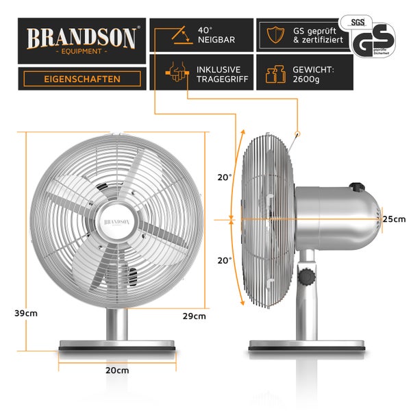Brandson Tischventilator, mobiler Lüfter, oszillierend 80°, Ventilator mit 3 Geschwindigkeitsstufen, Robustes Voll-Metallgehäuse, Neigung ca. 40°