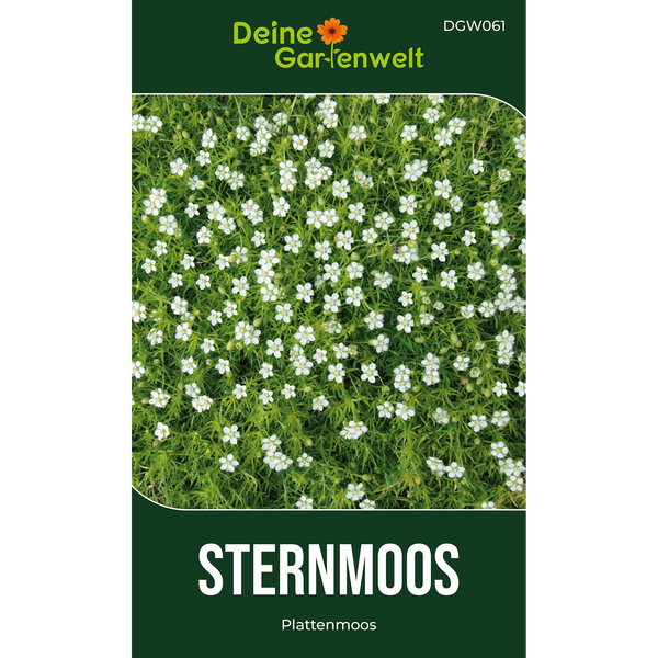 Sternmoos oder Plattenmoos mit kleinen weißen Blüten auf grünem Moospolster, Deine Gartenwelt Logo.