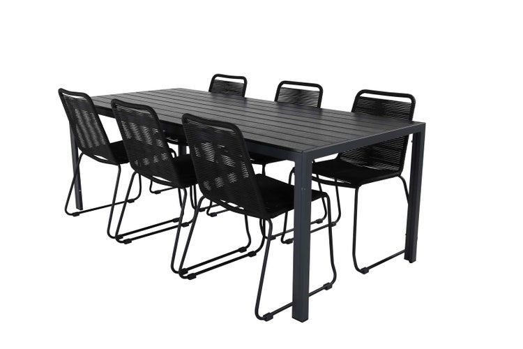 Break Gartenset Tisch 90x205cm schwarz, 6 Stühle Lindos schwarz. 90 X 205 X 74 cm